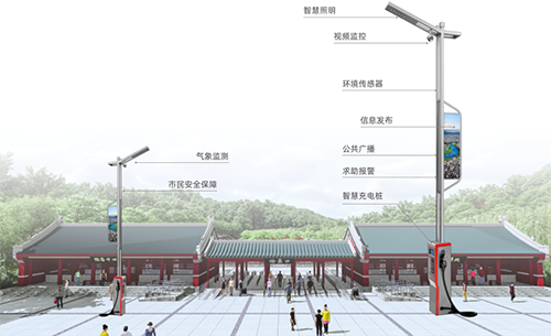 智慧路燈桿作為智慧景區(qū)業(yè)務(wù)的入口，具備智能迎賓、安防監(jiān)控、環(huán)境感知、信息發(fā)布、景區(qū)廣播、一鍵告警、智慧停車、充電管理等新型應(yīng)用。